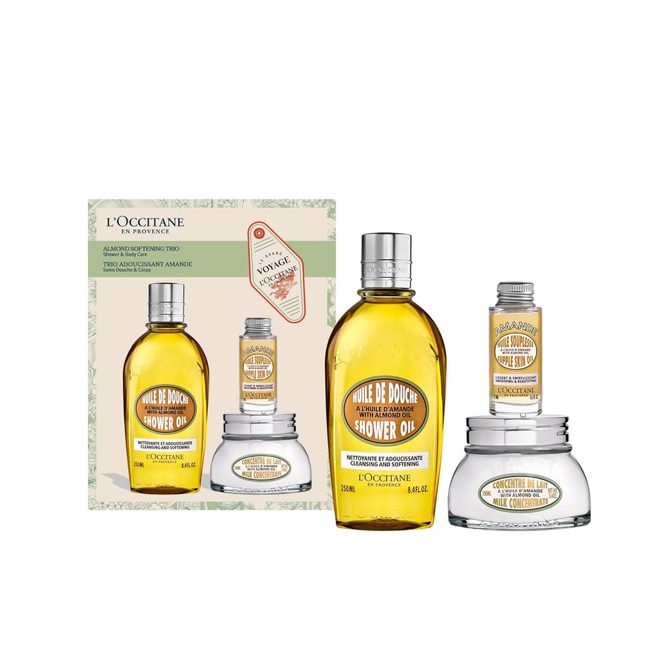 L'Occitane Almond Skin Softening Trio: Best Holiday Gift Set With Cleansing Almond Shower Oil Body Wash, Moisturizing Almond Milk Concentrate, Almond Hand Cream