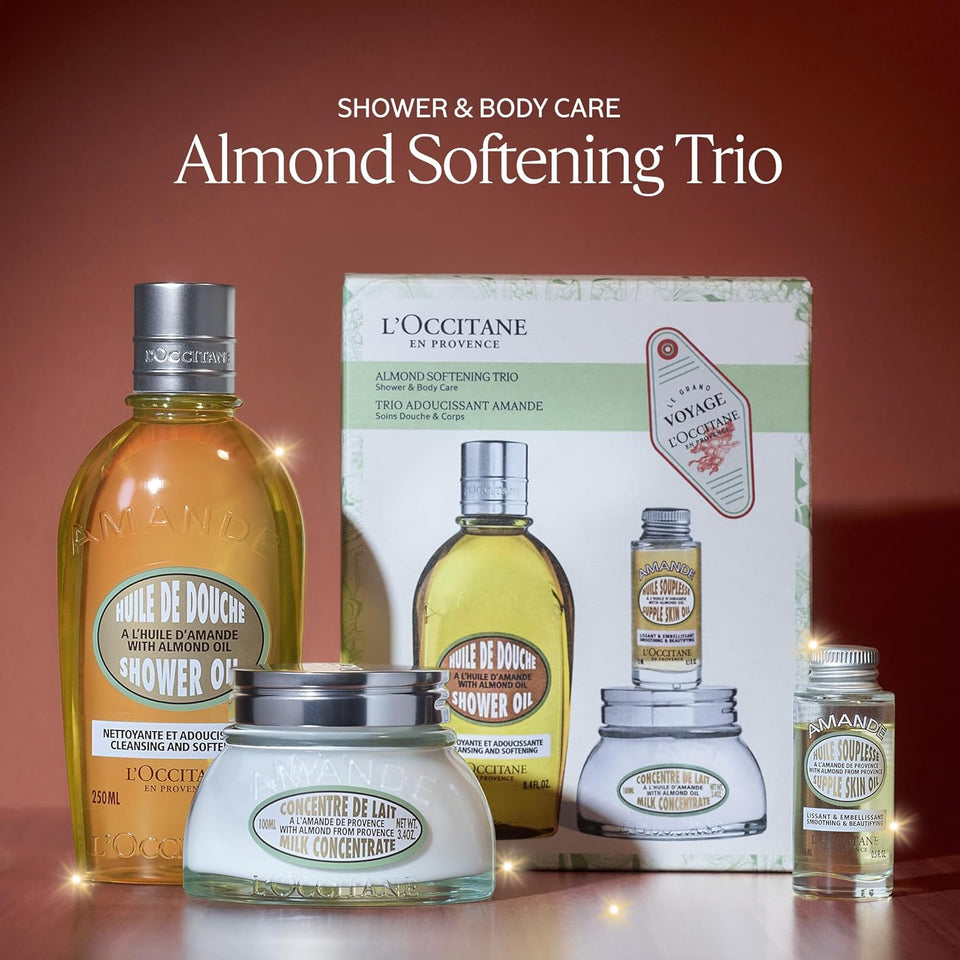 L'Occitane Almond Skin Softening Trio: Best Holiday Gift Set With Cleansing Almond Shower Oil Body Wash, Moisturizing Almond Milk Concentrate, Almond Hand Cream