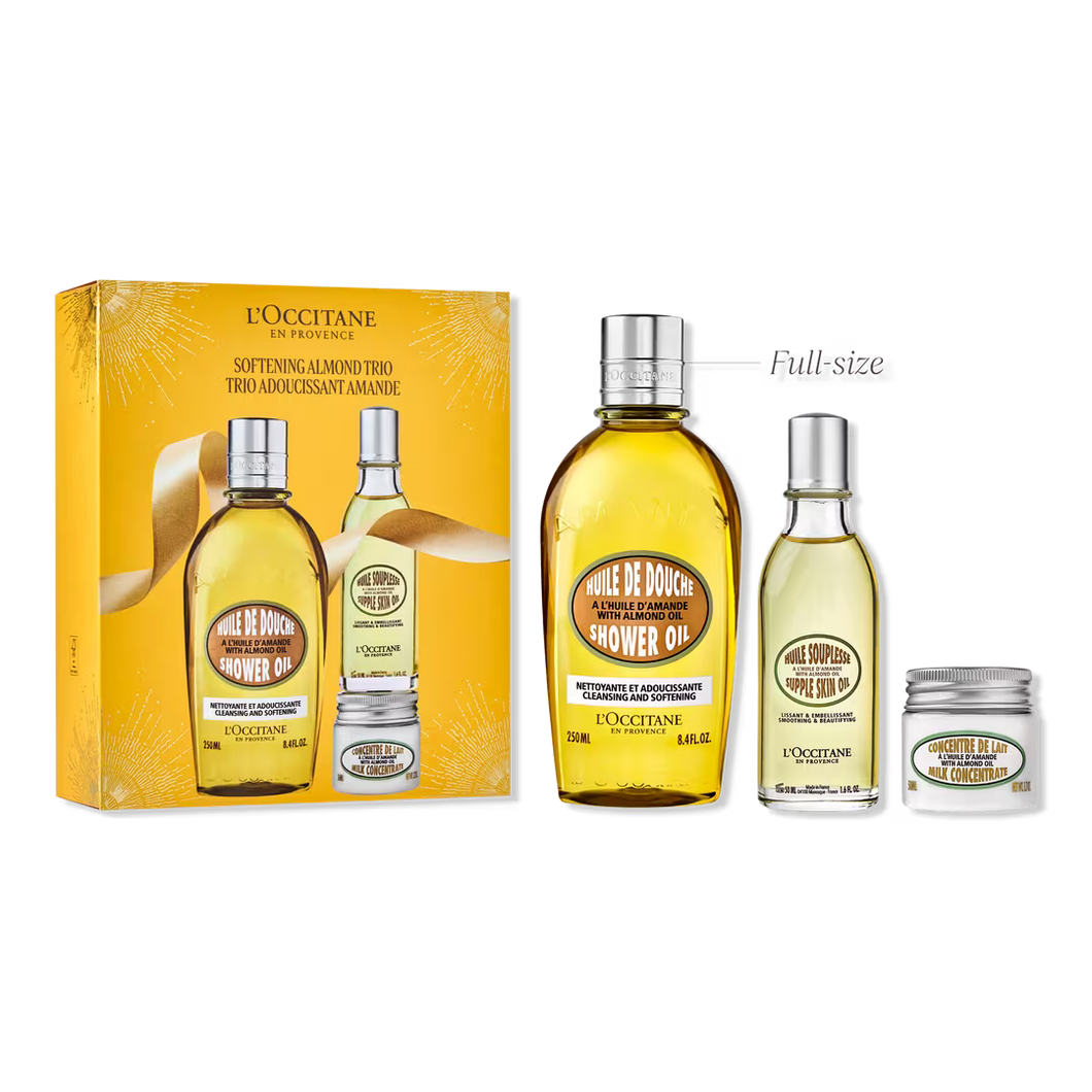 L'Occitane Almond Skin Softening Trio: Best Holiday Gift Set With Cleansing Almond Shower Oil Body Wash, Moisturizing Almond Milk Concentrate, Almond Hand Cream