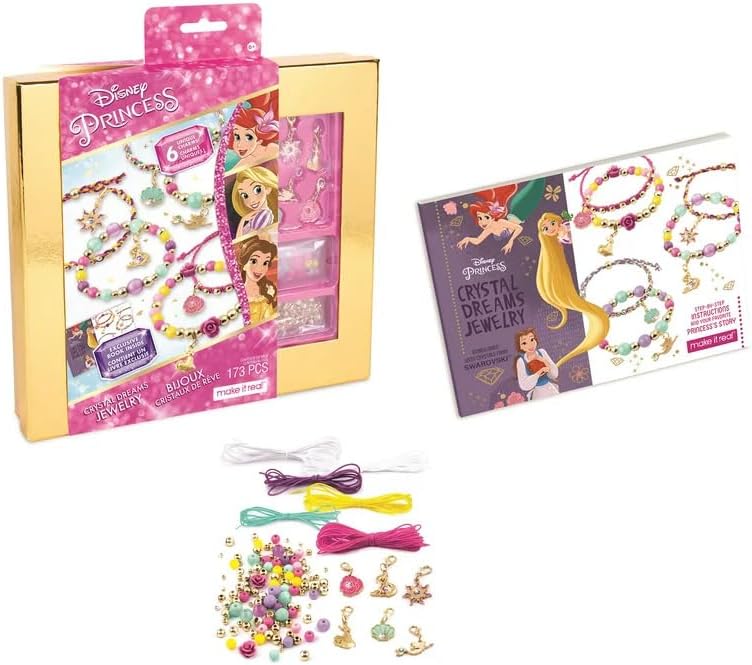 Disney Princess Crystal Dreams Jewelry Kit - DIY Bead & Charm Bracelet Set with Swarovski Crystals, Includes Supplies & Exclusive Princess Book - Create 6 Bracelets, Ages 8 and Up