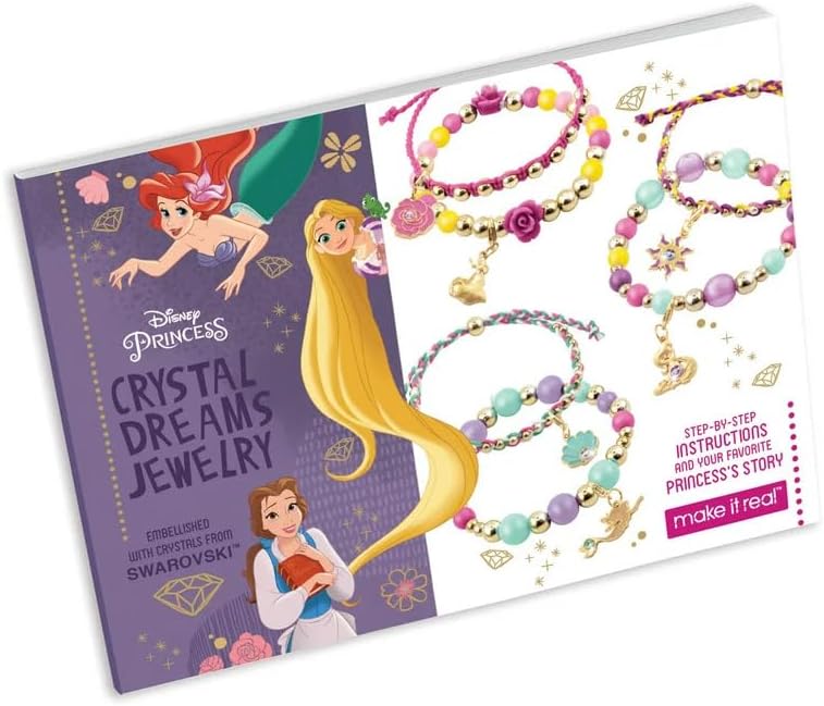 Disney Princess Crystal Dreams Jewelry Kit - DIY Bead & Charm Bracelet Set with Swarovski Crystals, Includes Supplies & Exclusive Princess Book - Create 6 Bracelets, Ages 8 and Up