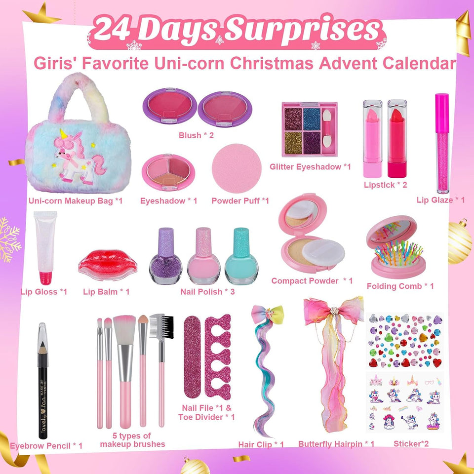 Makeup Advent Calendar 2026 for Girls, 24pcs Kids Beauty for Ages 6 24 days of washable cosmetics, brushes, lip gloss and unicorn bag, beginner dress-up, pretend play, Christmas fun