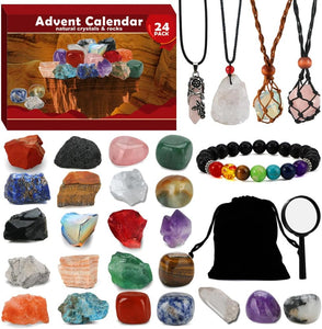 Advent Calendar 2024, 24 pcs Crystals and Healing Stones for Kids Adults Women Christmas Advent Calendars with Crystals Necklace and Bracelets Gemstones Learning Kit Xmas Gifts for Girls Boys