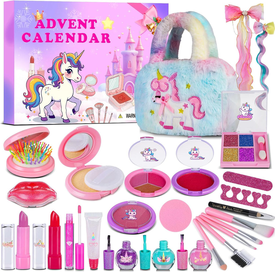 Makeup Advent Calendar 2026 for Girls, 24pcs Kids Beauty for Ages 6 24 days of washable cosmetics, brushes, lip gloss and unicorn bag, beginner dress-up, pretend play, Christmas fun