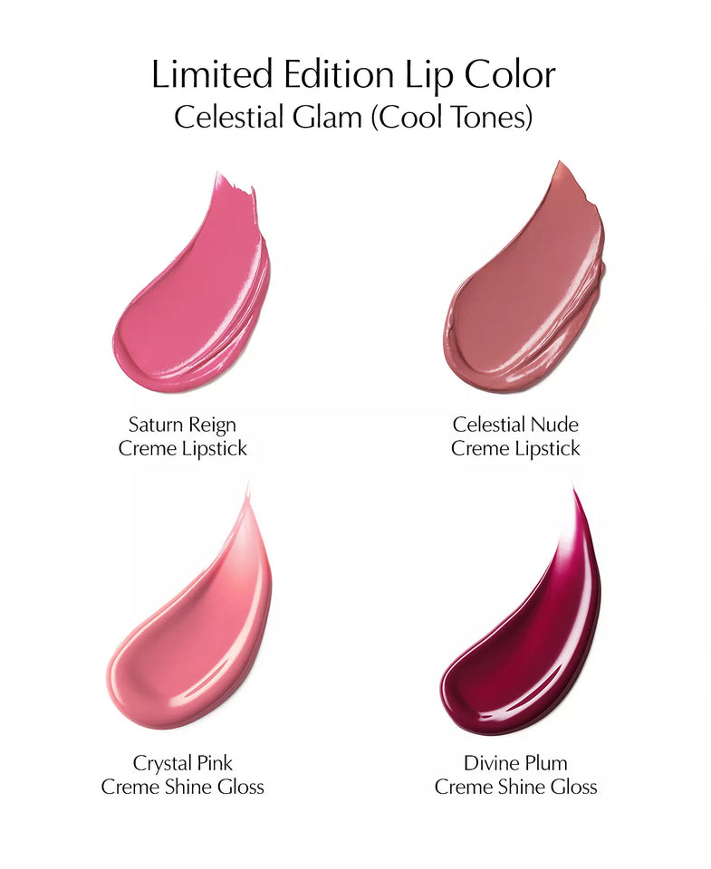 4 Limited Edition Lip Color Celestial Glam (Cool Tones) - Saturn Reign Creme LipStick, Celestial Nude Creme Lipstick, Crystal Pink Creme Shine Gloss, Divine Plum Creme Shine Gloss