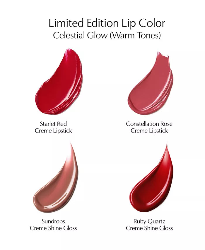 Limited Edition Lip Color Celestial GLOW (Warm Tones)- Scarlet Red Creme Lipstick, Constellation Rose Creme Lipstick, Sundrops Creme Shine Gloss, Ruby Quartz Creme Shine Gloss