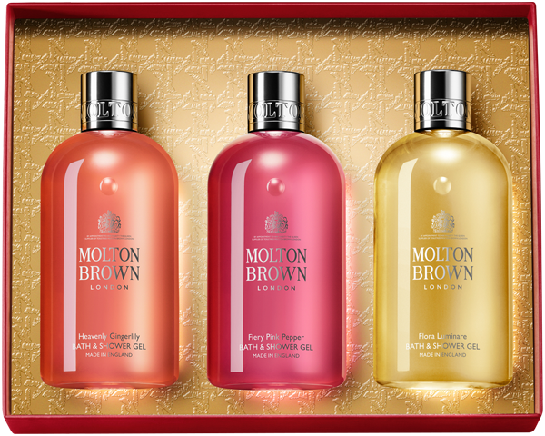 Molton Brown Floral & Spicy Body Care 300 ml Bath & Shower Gel Collection = Heavenly Gingerlily + Fiery Pink Pepper + Flora Luminare