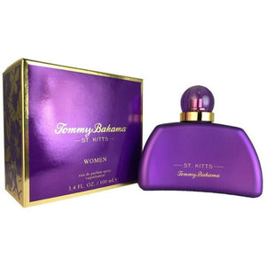 A bottle of St Kitts perfume by Tommy Bahama, accompanied by its purple packaging box. The bottle is purple, and the box has floral designs and the brand's logo.