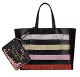 Victoria's Secret SEQUIN TOTE & Cosmetic Bag / Wristlet Black Rainbow Sequin