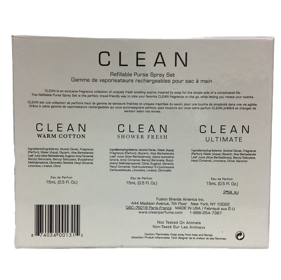 Clean Refillable Purse Set: Warm Cotton  .5 oz + Shower Fresh .5 oz + Ultimate .5 oz Eau De Parfum Spray