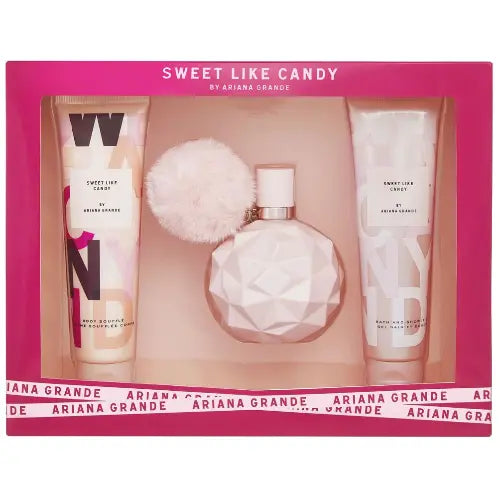 Sweet Like Candy by Ariana Grande 3 Pc Set 3.4 oz Eau De Parfum EDP spray + 3.4 oz Body Souffle + 3.4 oz Bath & Shower Gel