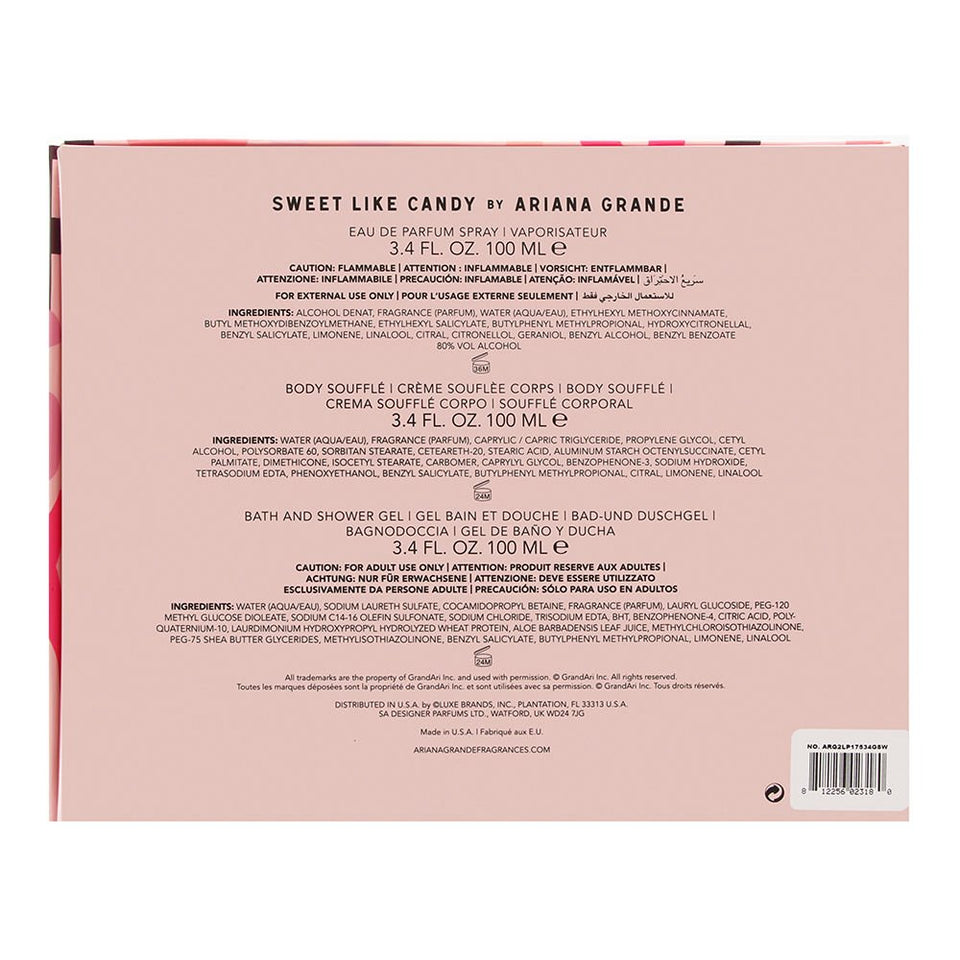 Sweet Like Candy by Ariana Grande 3 Pc Set 3.4 oz Eau De Parfum EDP spray + 3.4 oz Body Souffle + 3.4 oz Bath & Shower Gel