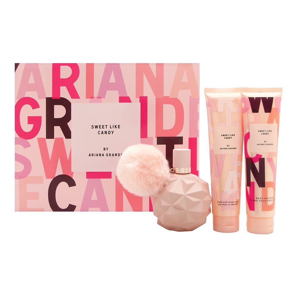 Sweet Like Candy by Ariana Grande 3 Pc Set 3.4 oz Eau De Parfum EDP spray + 3.4 oz Body Souffle + 3.4 oz Bath & Shower Gel