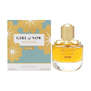 Elie Saab Girl of Now Shine eau de parfum spray bottle and packaging with floral design.
